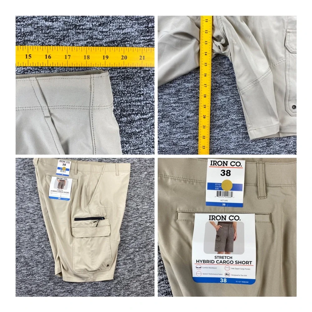 NWT Iron Co Mens Stretch Hybrid Cargo Shorts Khaki Tan Size 38 I427149S